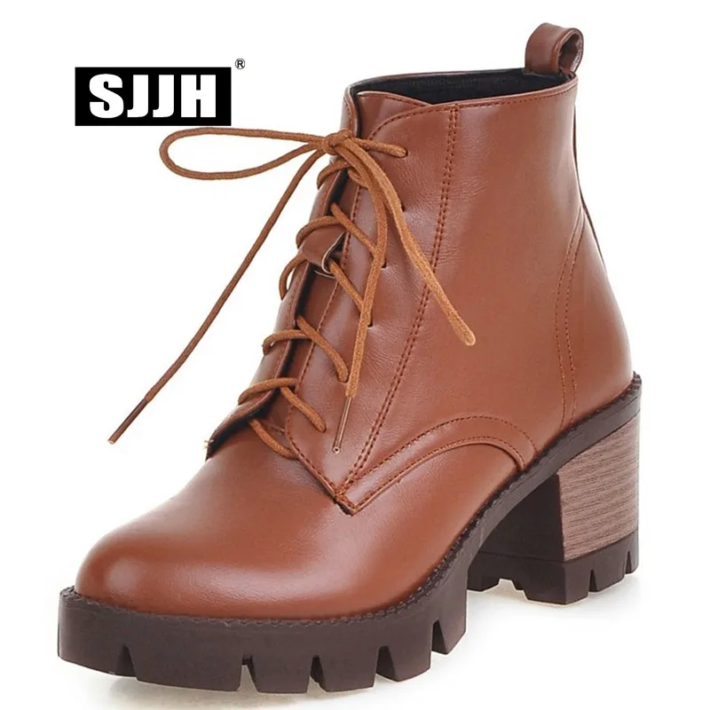 

SJJH Women Lace-up Ankle Boots with Round Toe Chunky Heels Platform Short Plush Martin Boots Fashion Formal Shoes D723