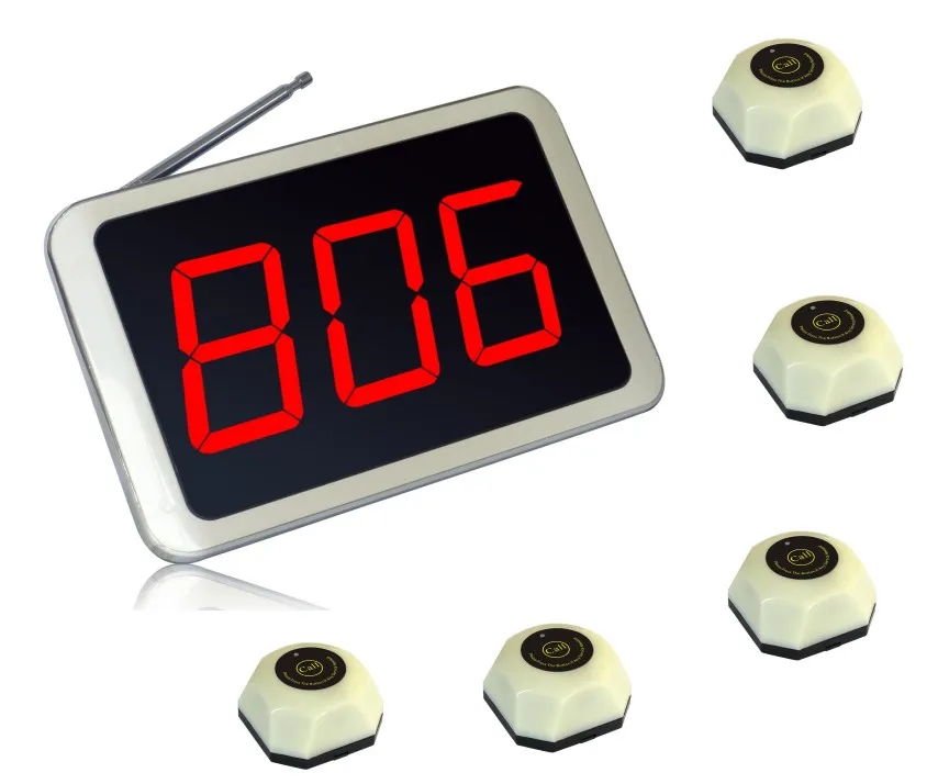 

Wireless calling system,5 super signal transmitting distance hamburger call button,1pc voice report screen receiver, waiter call