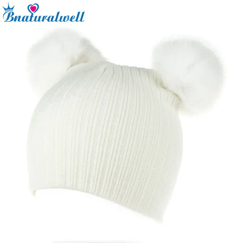 

Bnaturalwell Cute Baby Winter Fox Fur Hat Girls Boys 100% Real Fur Pompoms Ball Baby Beanies Cap Infant Knitted Beanies H064S