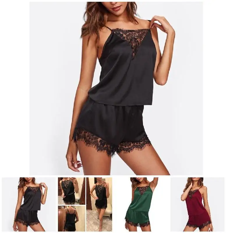 

Newly 2pcs/set Tops+Pants Women Summer Sleepwear Lace Strappy Hollow Out Pajamas 19ing