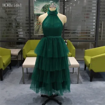 

Hot Selling Dark Green Tiered Tulle Prom Dresses Backless Halter A Line Formal Occasion Dress Cheap New Short Evening Gowns