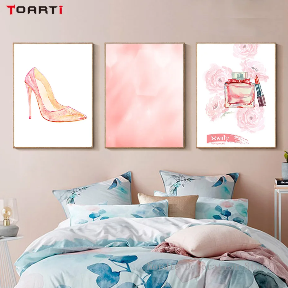 Lipstick Perfume Shoes Wall Art Pink Theme Abstract Watercolor Posters&Prints For Girls Room Decor Beautiful Gift For Christmas (4)