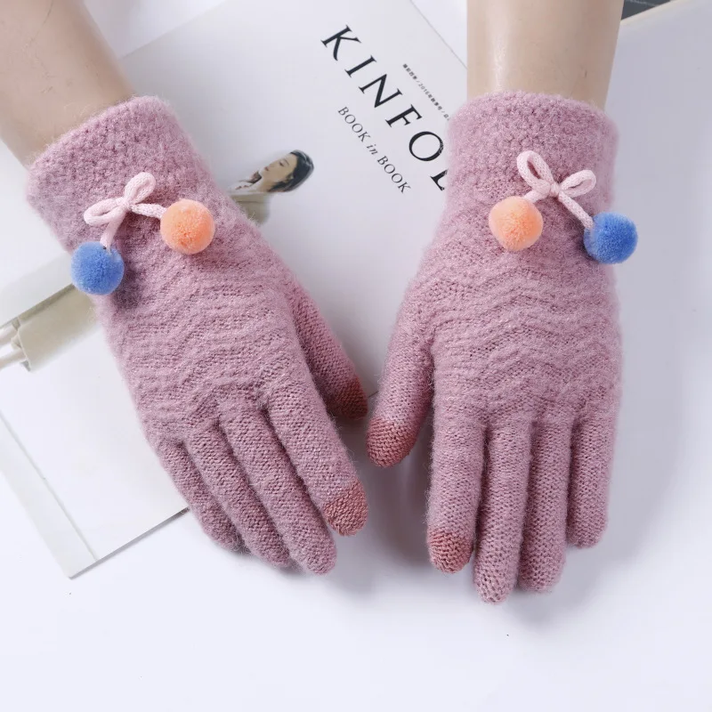 Women Touch Screen Full Finger Glove Winter Gloves Stretch Knit Mittens with PomPom Imitation Wool Keep Warm Female Mittens