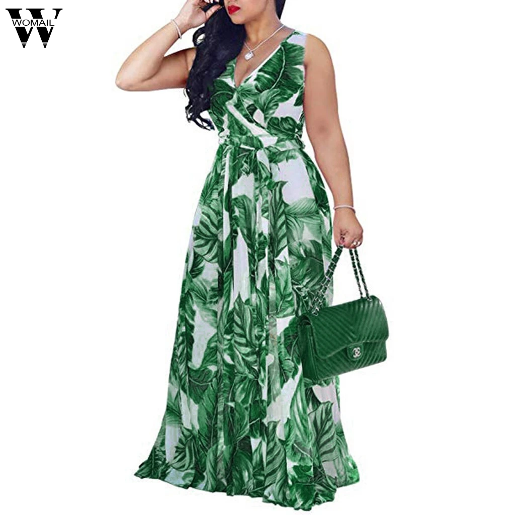 

New dresses Ladies large size casual bohemian sleeveless split hem Plus Size V-neck Casual Off-Shoulder Ruffled dress May24