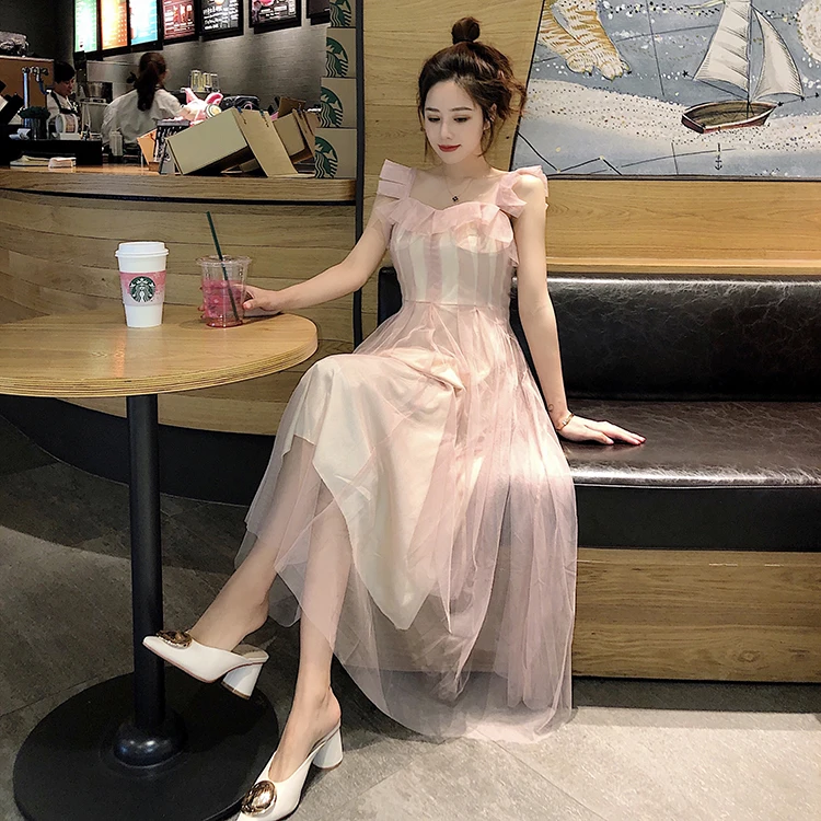 

Korean chic mesh long dresses summer style temperament Women's Clothing off shoulder Slim fit spaghetti strap dress fashion new