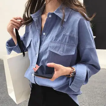 

Women Blouses Spring New Arrival Casual Blouse 2020 Fashion Pockets Solid Turn-down Collar Blouses & Shirts Woman Tops