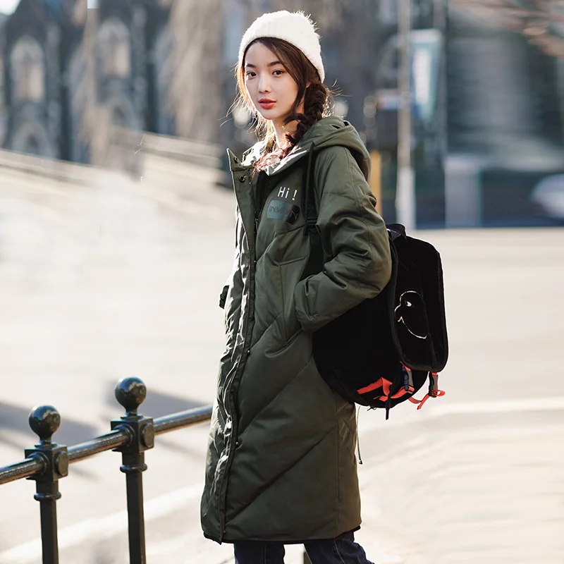 Best  INMAN Hooded Printing Leisure Ladies Female Girl Winter Long Duck Down Leather Warm Coat Women Jack