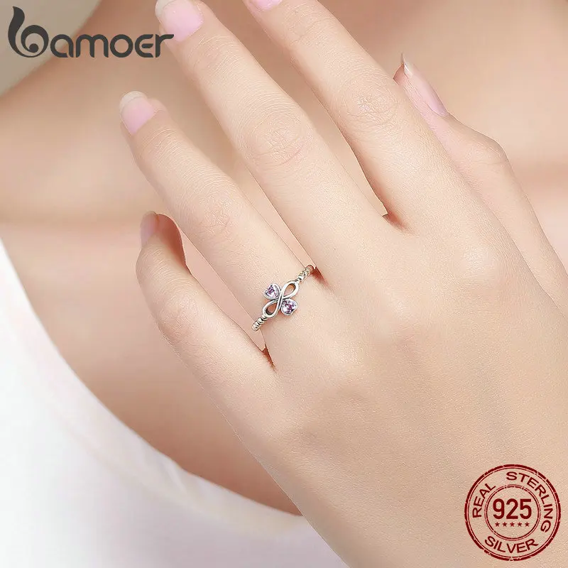 BAMOER романтическое кольцо из серебра 925 пробы, бесконечность, с сердцем, светящееся розовое CZ Кольцо на палец, женское ювелирное изделие из стерлингового серебра SCR357