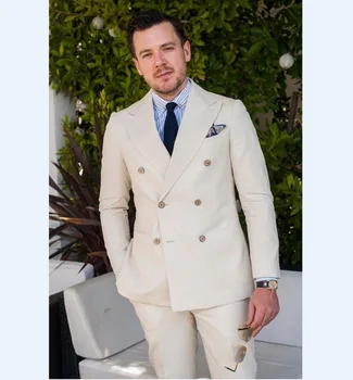 

Double Breasted Beige Groomsmen Tuxedos Elegant Best Man Wedding Suits Men's Casual Prom Party Suits 2017 (Jacket+Pants+Tie)