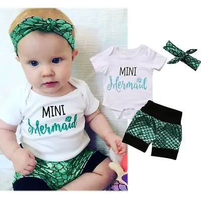 

2017 Newborn Infant Baby Girls MINI Mermaid Clothes Tops+Shorts+Headband Outfits Sets Summer Clothes Girls
