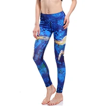 Для женщин морская черепаха принт синий Фитнес быстросохнущая упражнения Леггинсы для женщин Высокая Талия полной длины энергии Брюки для девочек Мотобрюки женская одежда
