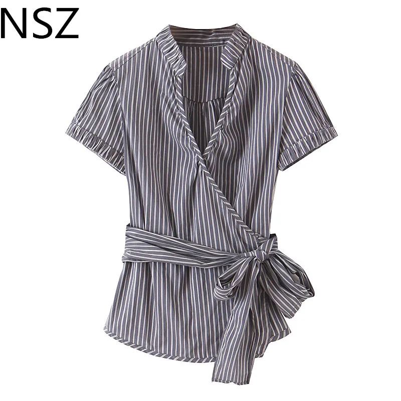 

NSZ Women Striped Shirt Short Sleeve Cross V Neck Blouse With Belt Ladies Fashion Top Blusas Camisa