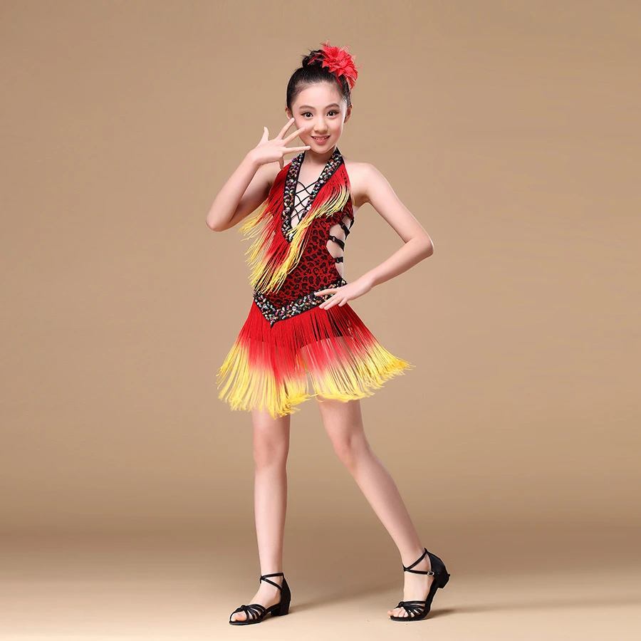 Robe De Danse Latine Pour Filles Tenue De Performance Pour Enfants De 8 A 15 Ans Col En V Avec Perles Dos Nu Pompon Frange Competition Aliexpress