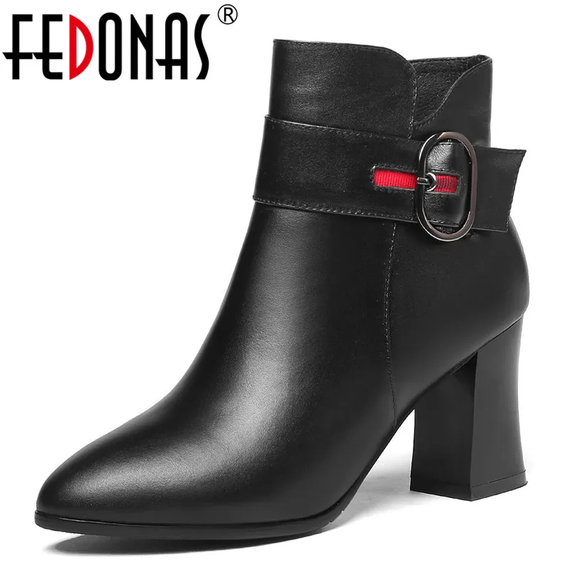 

FEDONAS Newest Women Autumn Winter Thick High Heels Buckles Warm Snow Boots Pointed Toe Cow Leather Martin Shoes Woman Pumps