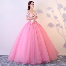 Розовое пышное платье принцессы с открытыми плечами, вырез лодочкой, с короткими рукавами, с аппликацией, милое Пышное Платье 16, пушистые Бальные платья