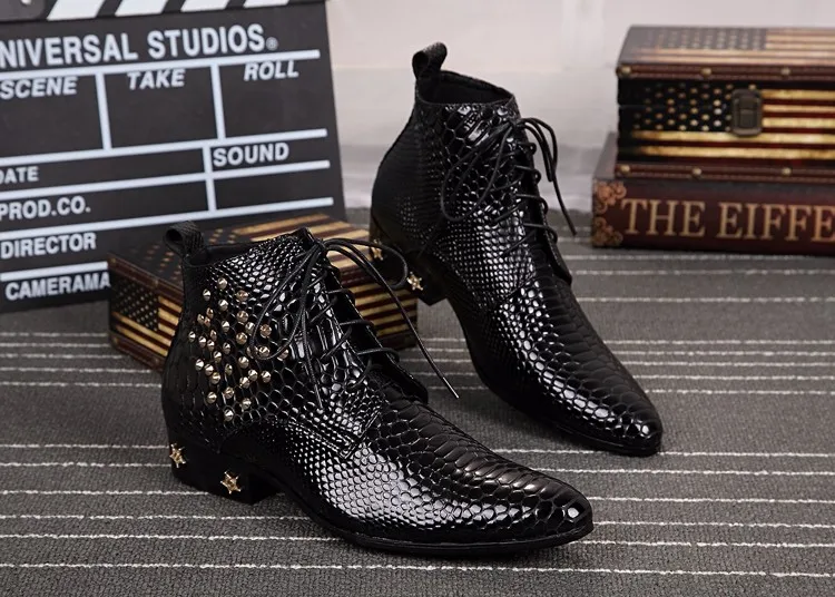 Мужские ботинки из змеиной кожи в британском стиле, с заклепками, на низком каблуке, на шнуровке, мужские свадебные ботинки для жениха, натуральная кожа, большие размеры 37-46
