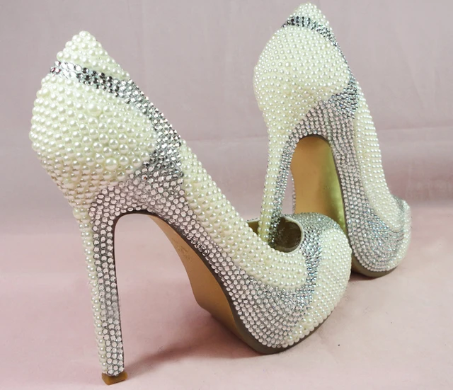 New Handmade Ivory Pearls And Silver Crystals High Heel Glitter New Handmade Ivory Pearls And Silver Crystals High Heel Glitter Wedding Shoes With Matching Clutch Bag