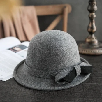 

British Style Woolen Bow tie Caps Men Women Halloween Cosplay Magician Felt Cap Vintage Party Church Hats Fedora Packaging