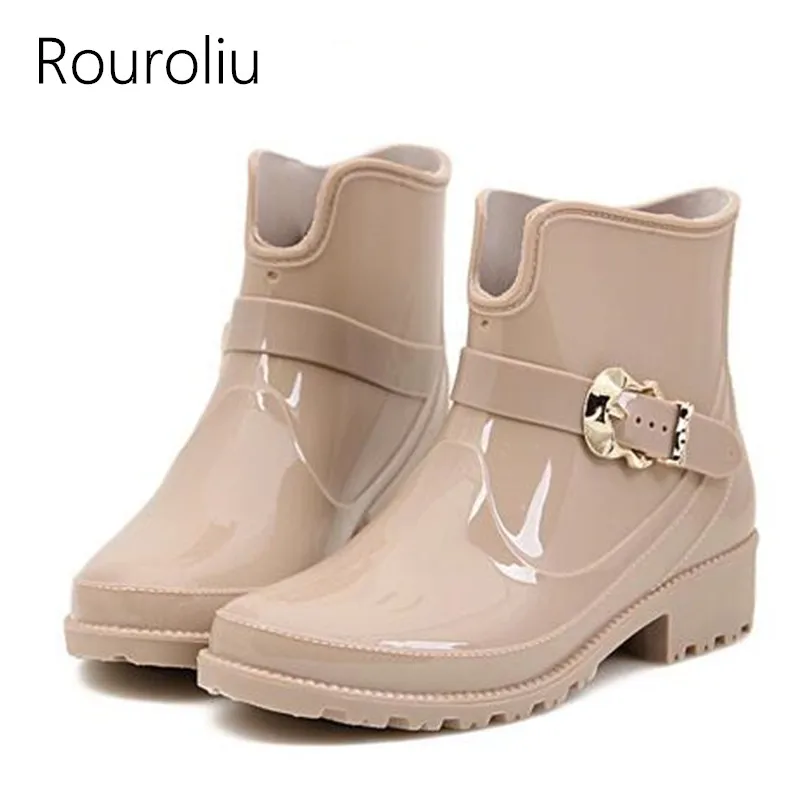 

Rouroliu Fashion Women PVC Buckle Rain Boots Flat Heels Non-slip Ankle Rainboots Waterproof Water Shoes Woman Wellies ZJ130