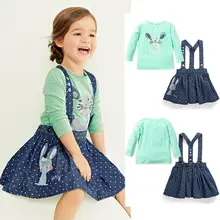 2 PC Bébé Filles Enfants Lapin Tops + Dot Denim Salopette Robes Jupes Outfit Vêtements