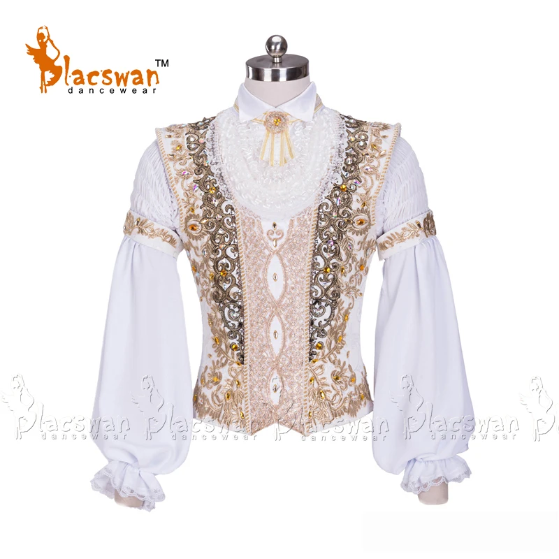 

Custom Made Man White Chiffon Ballet Jacket Prince Ballet Top Gold Trims Dance Costumes For male Adult Boy Coat For Ballet BT990