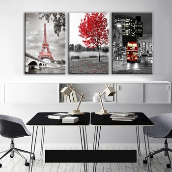 

HD Poster And Prints Wall Red Bus Painting 3 Pieces Pop Canvas Art Modular Paris Famous Scenery Poster Picture Frames Decor Room