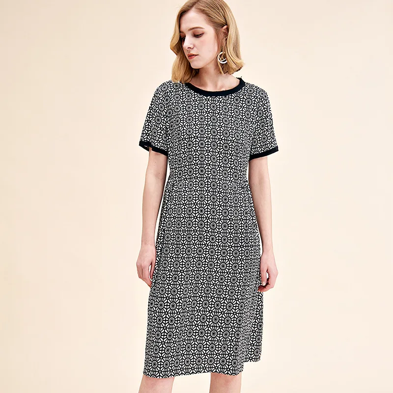 

Summer 2019 Women's New High Quality Vintage Round Collar Short-sleeved Dress Printed A-line 92% Real Silk Elegant Dress