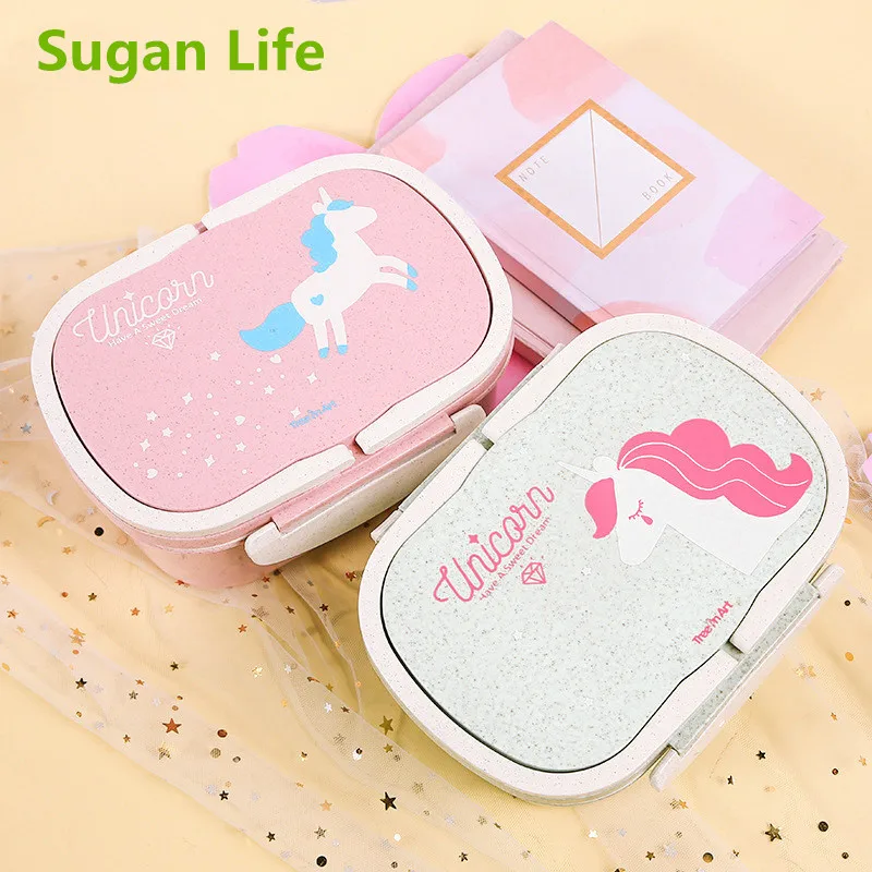 

Sugan Life 2019 New Student Lunch Box for Kid Eco-Friendly Food Container Storage Bento Boxes 2 Layer Handle Broodtromme Unicorn