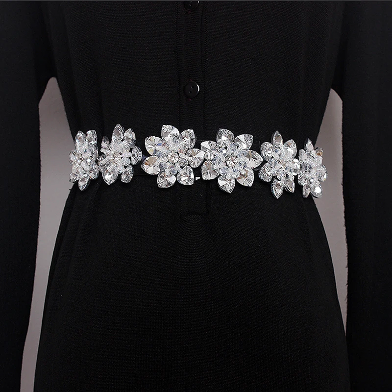 

New Women's yellow crystal Elastic Belt Rhinestones Flower Belts Luxury Rhinestone Retro Girls Jeweled Girdle Korean Style