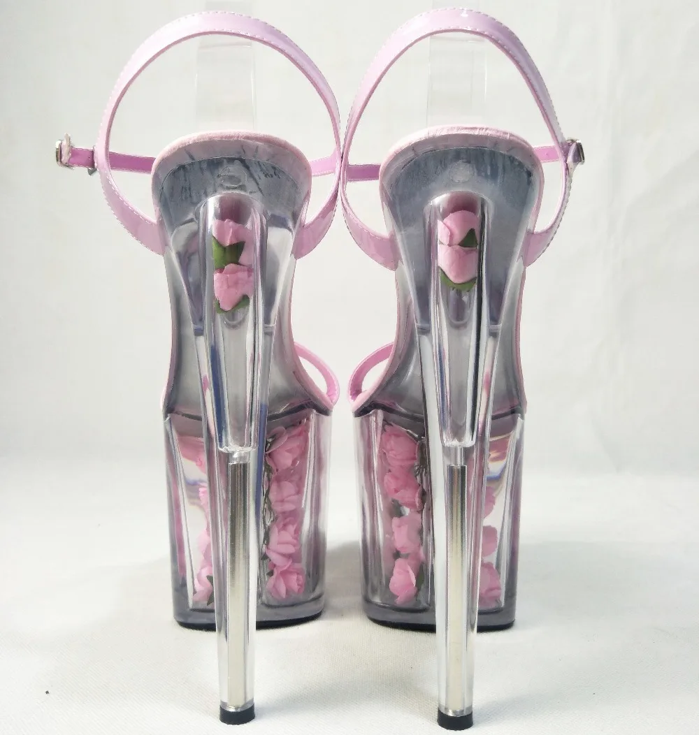 Noble pink roses decorated, transparent sandals, 20cm high heels, wedding sandals
