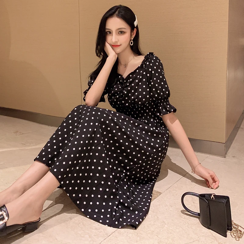 

Polka Dot Chiffon Women Dress Midi Office Elegant Lady Vintage Vacation Spring Autumn Dress Retro Casual Korean Runway Vestido