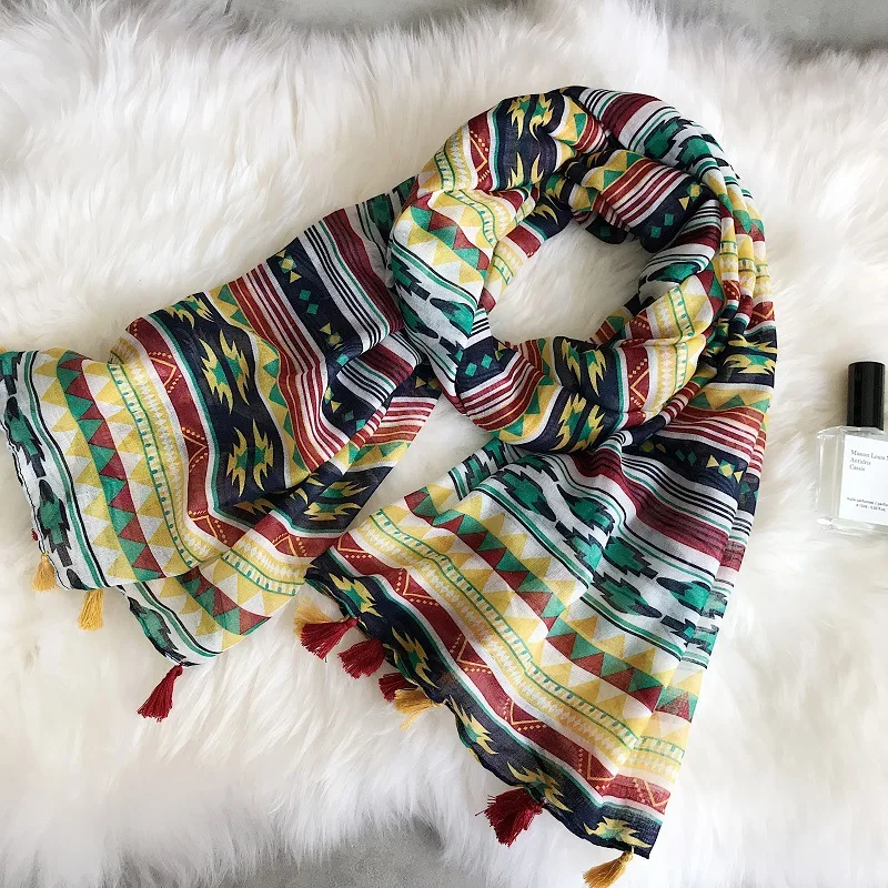 

MARC Summer vacation sunscreen bohemian cotton and linen scarf big shawl tourist Geometric seaside beach Tassel female