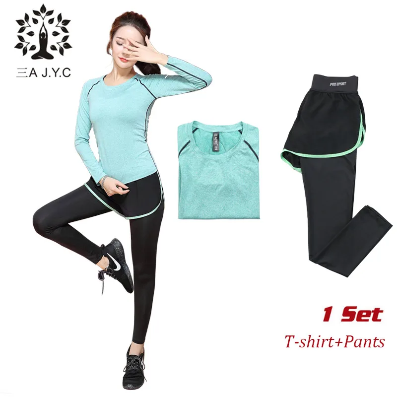 2017 New Winter Long Sleeved Two Piece Female T-shirt Tight Sportswear Color Running Fast Dry Breathable Slim Yoga Clothes | Красота и
