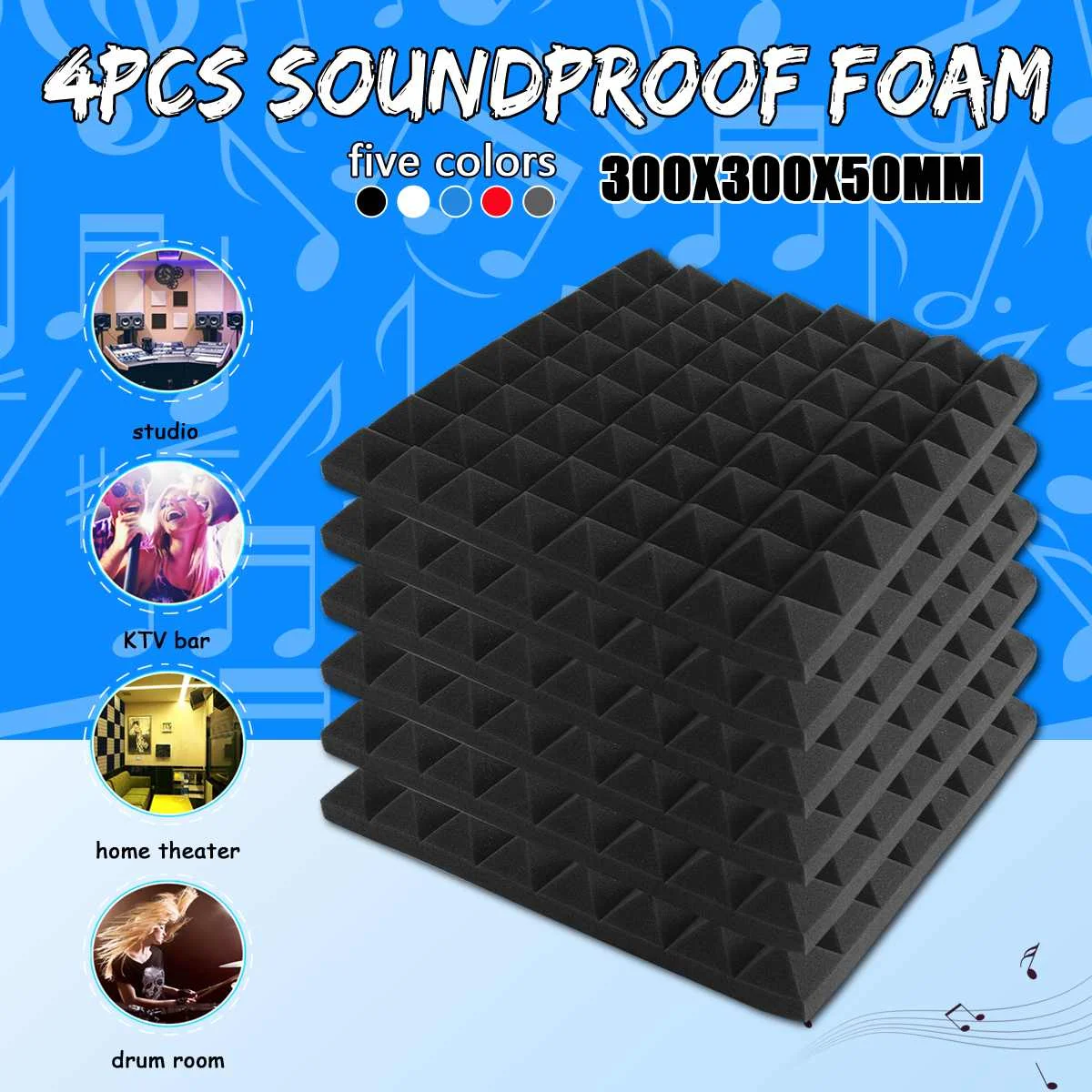4 PCS 300X300X50mm Studio Acoustic Soundproof Foam Sound Absorption Treatment Panel Tile Protective Polyurethane Sponge