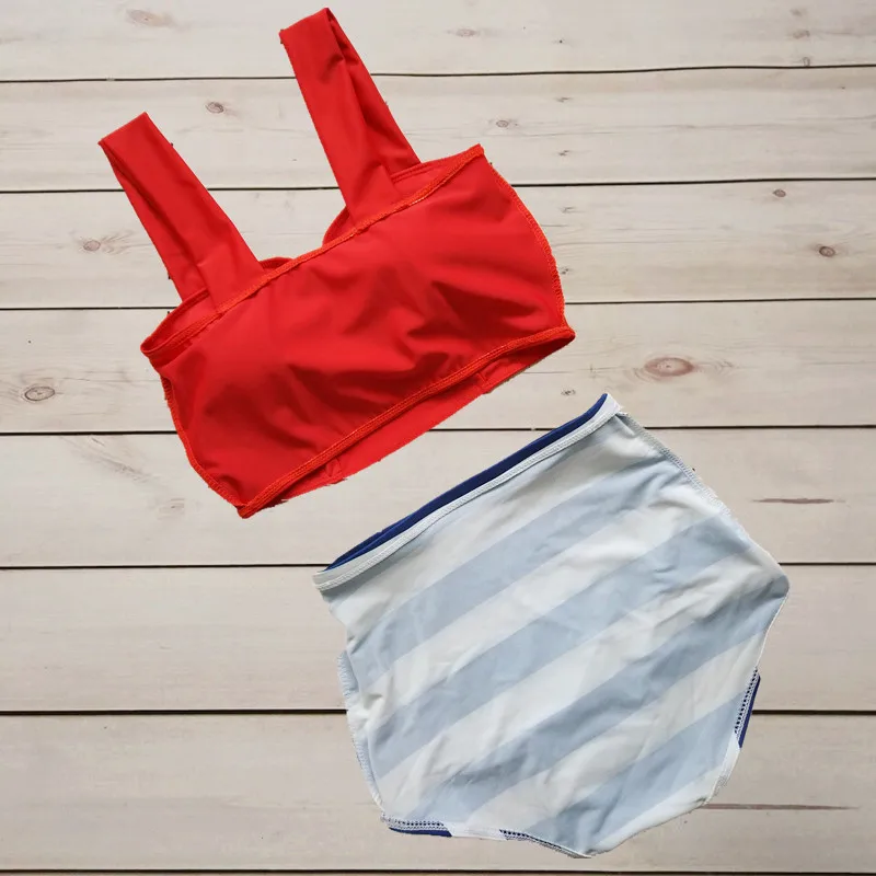 Women Ruffle Top Pink Swimwear Teens Swimsuit Bikini Two 2 Piece High Waist Biquini May High-waisted Red Pad Swiming Suit 2019