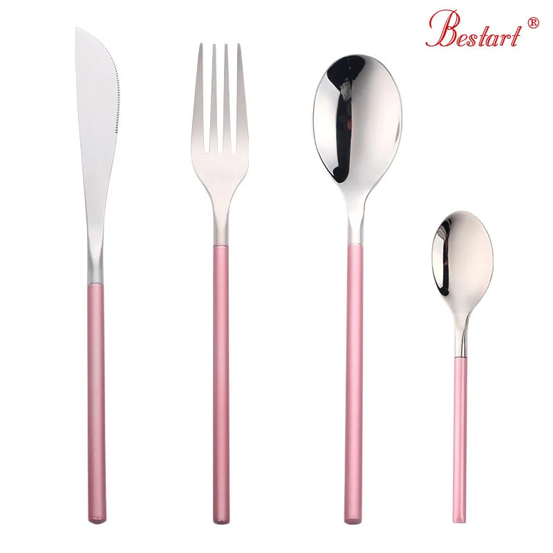 4 шт. розовый серебряный корейский набор столовых приборов из нержавеющей стали розовый набор посуды свадебные столовые приборы столовые ножи вилка, ложка чайная ложка - Цвет: pink