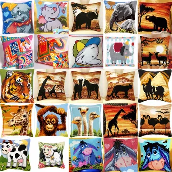

1Animals 05 NEW DIY Needlework Kit Acrylic Yarn Embroidery Pillow Tapestry Canvas Cushion Front Cross Stitch Pillowcase