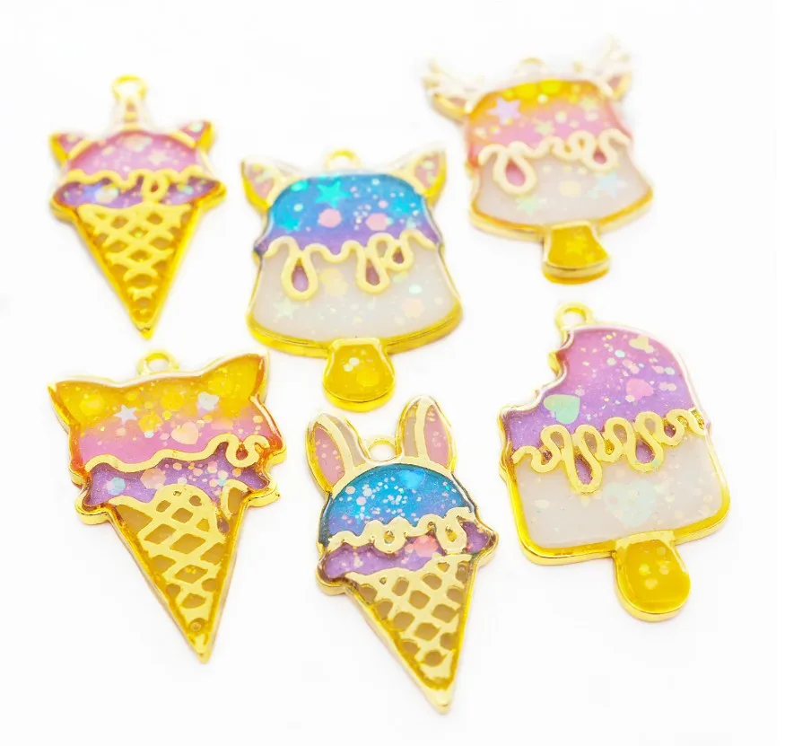 

10 pcs/lot Various animal ice cream Metal Frame Pendant Gold Charm Bezel Setting Cabochon Setting UV Resin Charm Jewelry Making