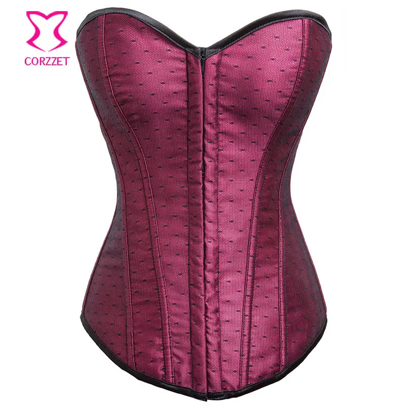 

Black Dot Mesh Overlay Claret Satin Gothic Corset Bustier Sexy Corsets and Bustiers Burlesque Corselete Feminino Espartilhos
