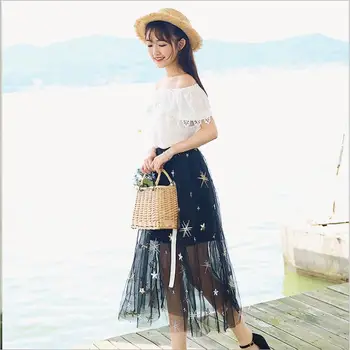 

2018 summer new star yarn skirt mesh embroidery skirt fresh Korean students high waist A-Line sweet skirt