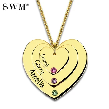 

Costume Name Triple Love Heart Pendant Necklace Custom Letter Necklaces Gold Chain with Birth Stones Collier Femme for Mother