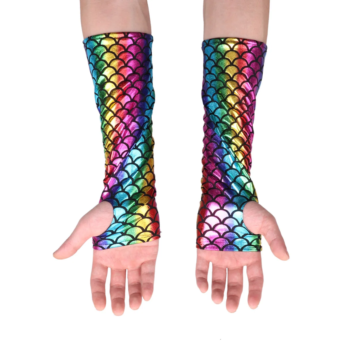 Adult Mermaid Arm Sleeves Gloves Fish Scale Pattern Printed Fingerless Long Gloves Arm Sleeves Halloween Costume Accessory