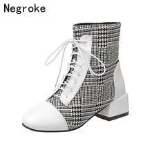 2019 Designer Black White Plaid Ankle Boots For Women Sexy Block High Heels Rubber Botines Femme Lace Up Booties Botas Mujer цена 2019 Designer Black White Plaid Ankle Boots For Women Sexy Block High Heels Rubber Botines Femme Lace Up Booties Botas Mujer цены онлайн
