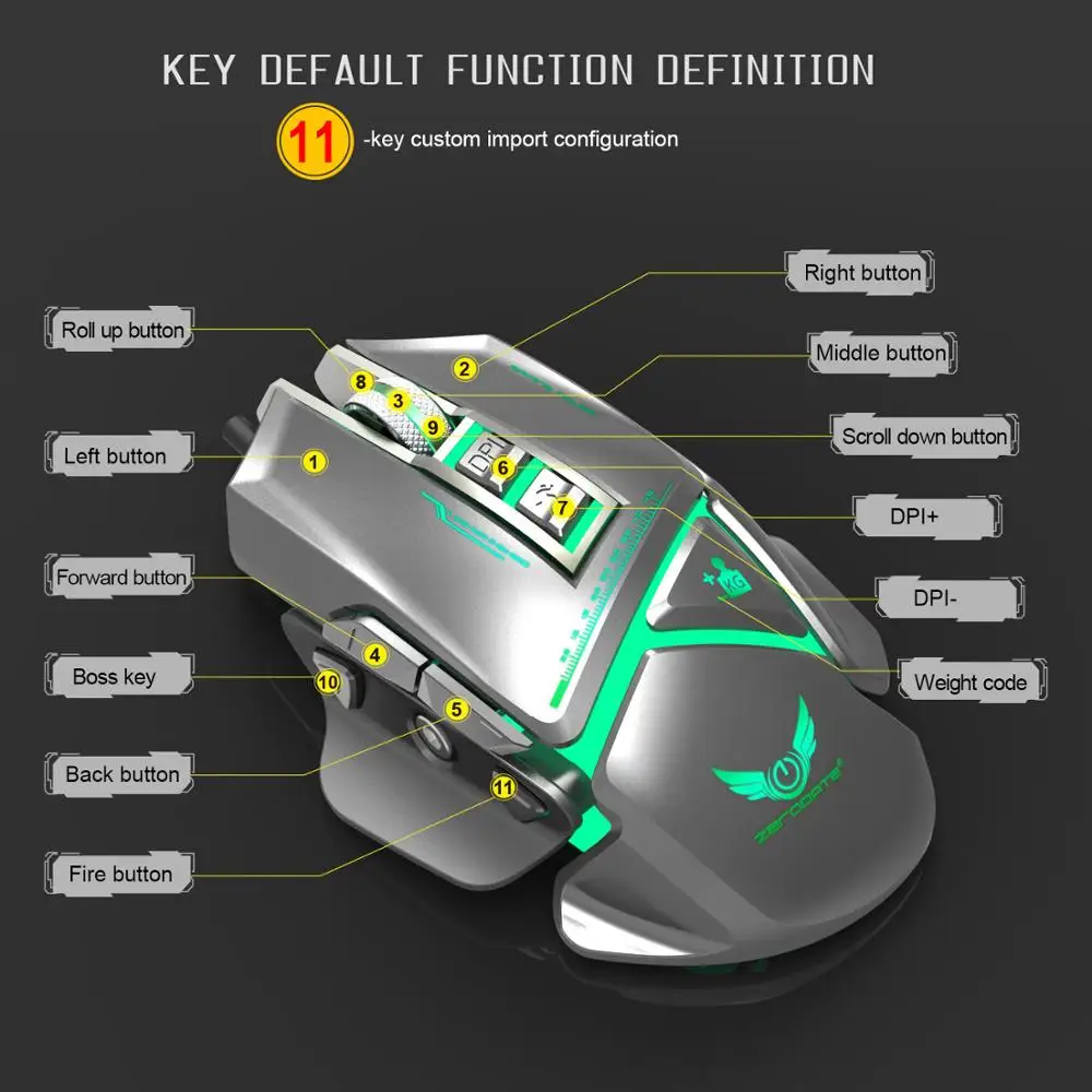 USB Проводная оптическая игровая мышь ZERODATE X400GY 11 клавиш со светодиодный