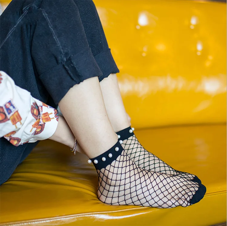 Шикарная уличная одежда, женские дышащие сетчатые носки Harajuku с имитацией жемчуга. Сексуальные ажурные сетчатые носки, женские сетчатые носки, чулочно-носочные изделия