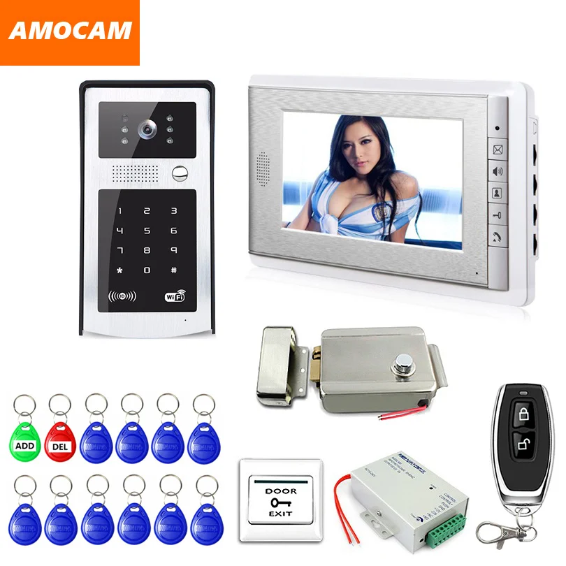 Wired 7\ Video Door Phone Doorbell Video Intercom Entry System + RFID Code Keypad Camera + Remote Control+ Electronic Lock+ EXIT