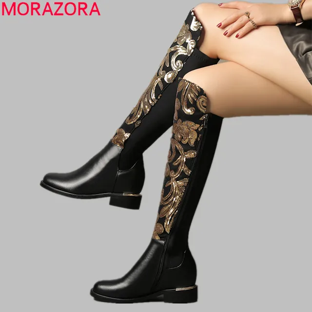 Cheap MORAZORA SIZE 34-42 HOT 2018 genuine leather boots women autumn winter boots bling fashion stretch knee high boots ladies shoes