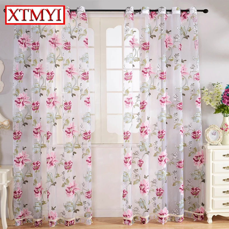 An Tulle Window Curtains For Living Room Pink Flowers Green An Tulle Window Curtains For Living Room Pink Flowers Green Leaves Kitchen Custom Made