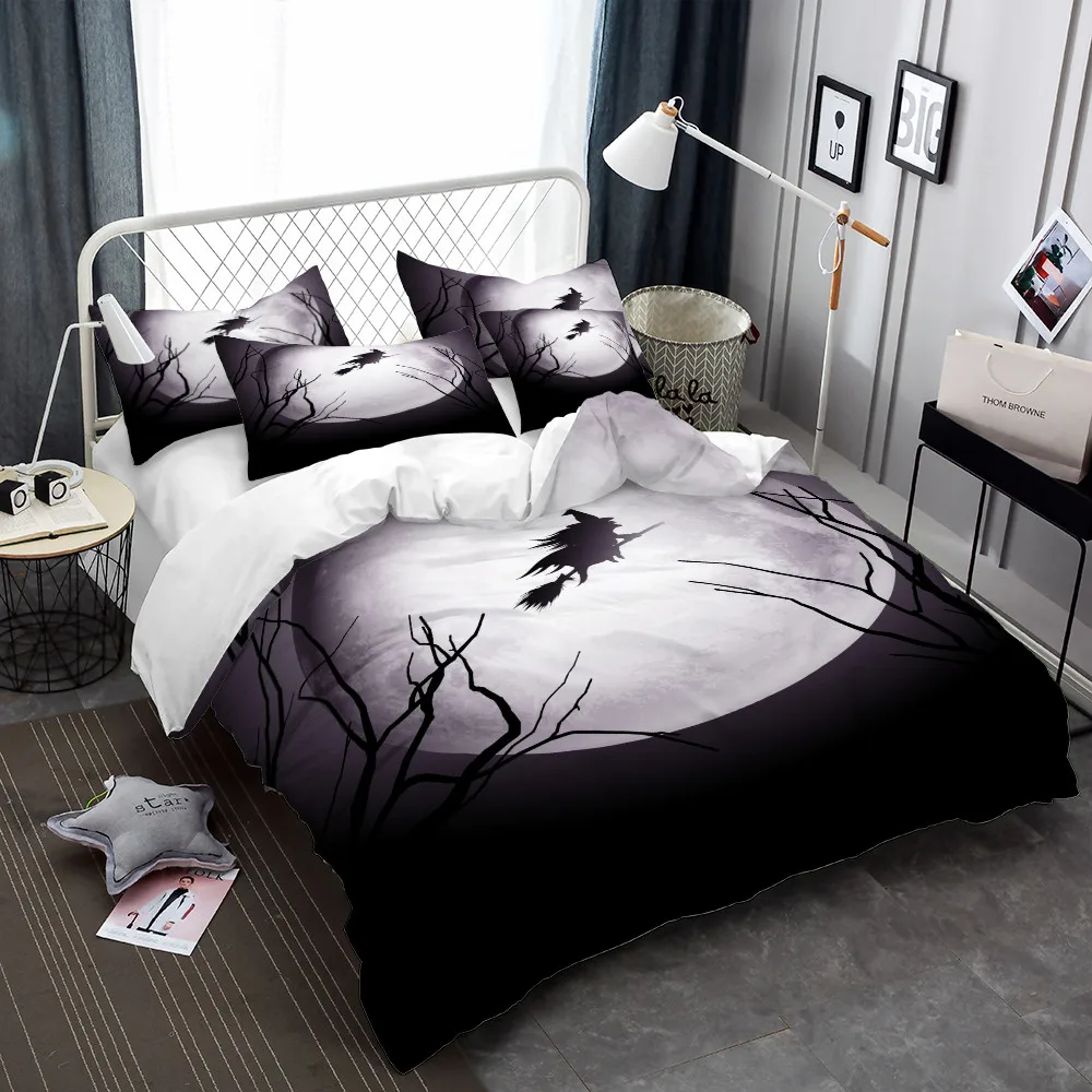 Black Moon Night Scenery Bedding Set Halloween Cartoon Witch Print