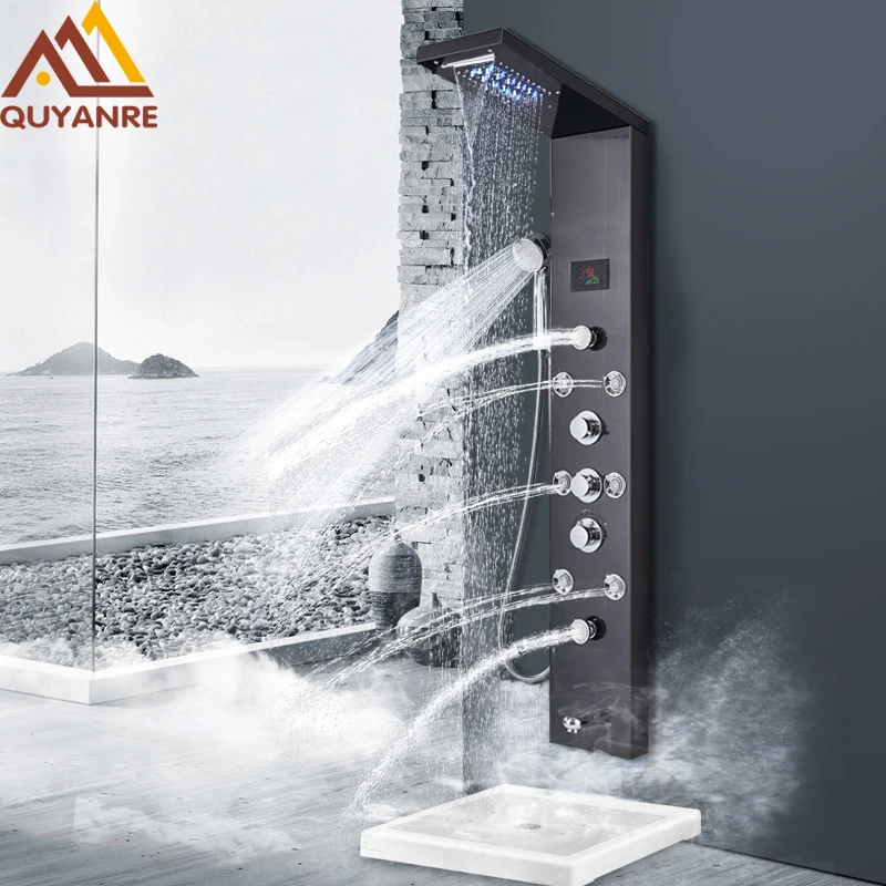 Quyanre Black LCD Hydroelectricity Shower Panel LED Rain Waterfall Shower Column Three Handles Mixer Tap SPA Massage Jets Shower Quyanre Black LCD Hydroelectricity Shower Panel LED Rain Waterfall Shower Column Three Handles Mixer Tap SPA Massage Jets Shower
